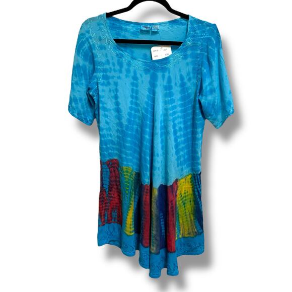 Indian Tropical Fashion Blue Red Yellow Tie Dye Tunic Free Size New - Picture 1 of 3